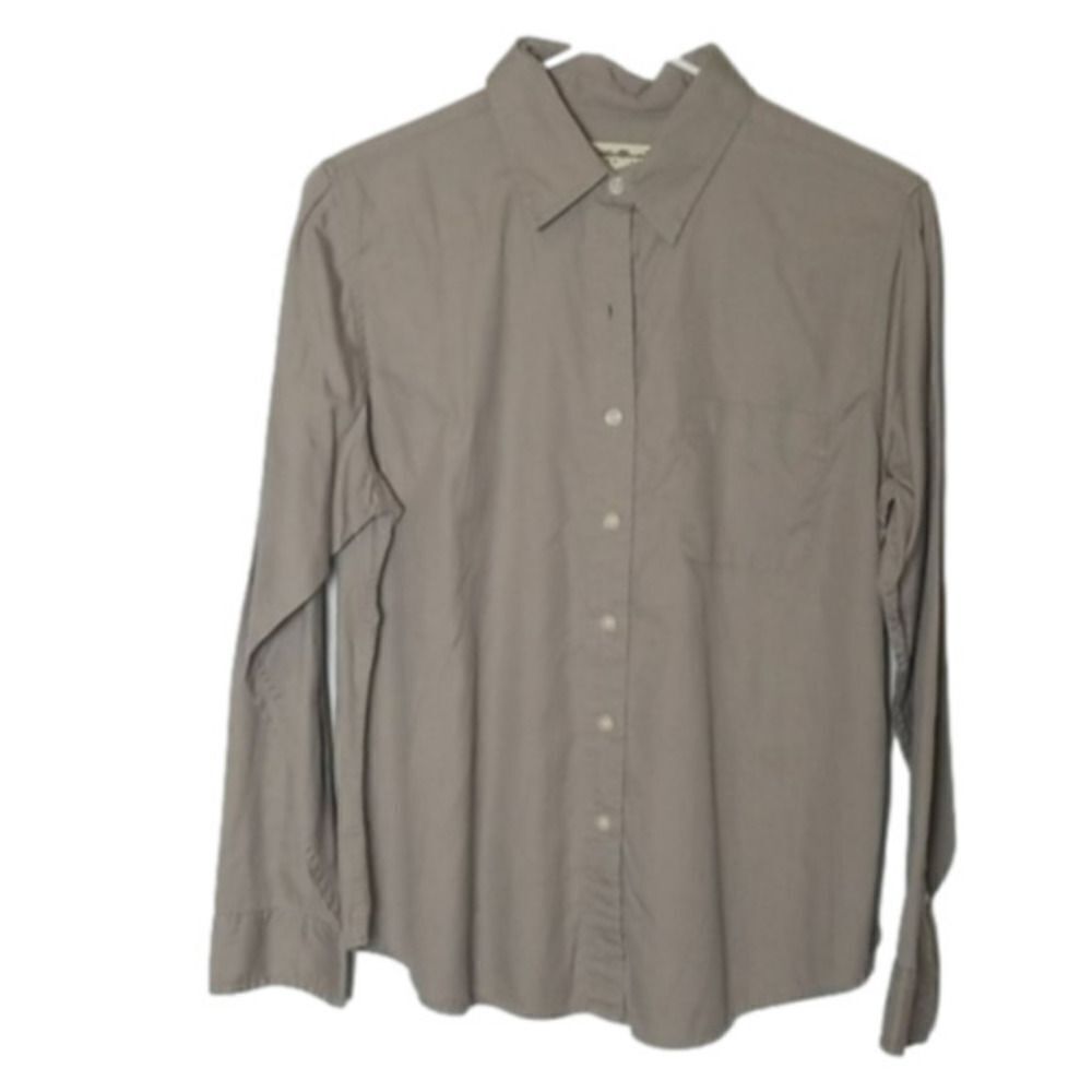 Eddie Bauer Shirt Top‎ Blouse Women's Petite Medium Tan Cotton Button Down